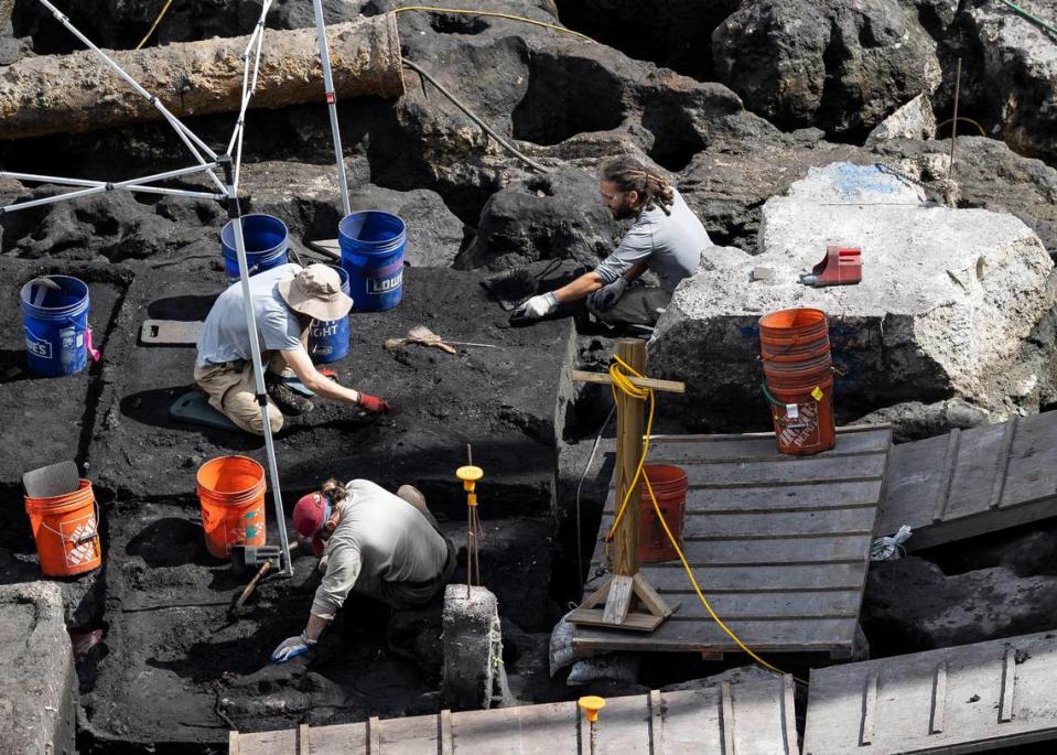 Archaeological teams wear protective gloves and carefully remove and wash even the smallest bits of prehistoric materials found on the site that can provide information on thousands of years of likely indigenous occupation.