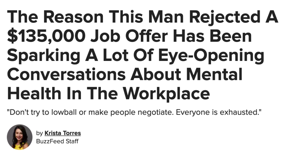 BuzzFeed headline about a man who rejected a $135,000 job offer and the conversation that's sparked