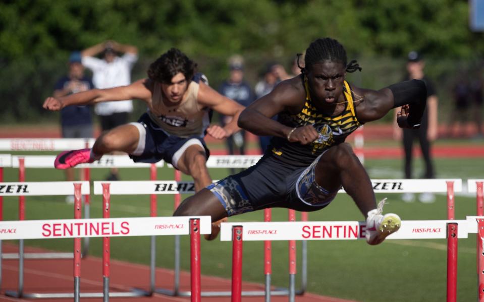 James Little IV from Bishop Verot wins the boys 110 hurdles during the Private 8 track and field meet at Evangelical School on Friday, April 19, 2024.