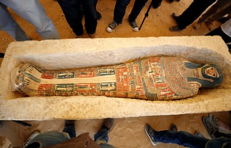 A sarcophagus that was discovered near the King Amenemhat II pyramid is displayed during a presentation, south of Cairo