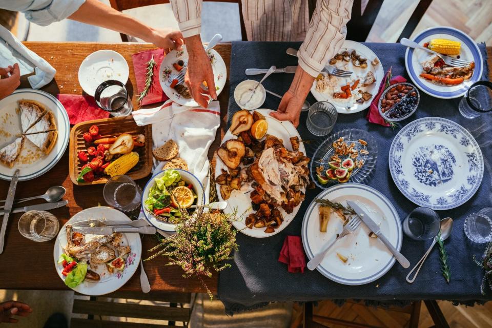 thanksgiving dinner party dirty dishes on table