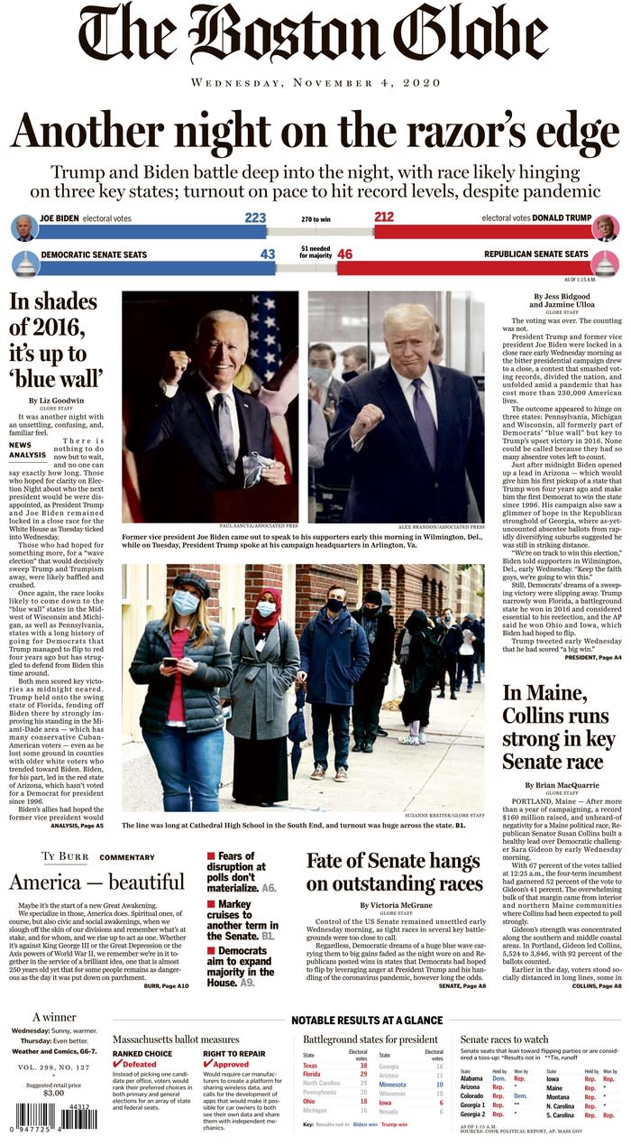 THE BOSTON GLOBE, Published in Boston, Mass. USA (Courtesy <a href="https://www.newseum.org/todaysfrontpages/" rel="nofollow noopener" target="_blank" data-ylk="slk:Newseum;elm:context_link;itc:0" class="link ">Newseum</a>)