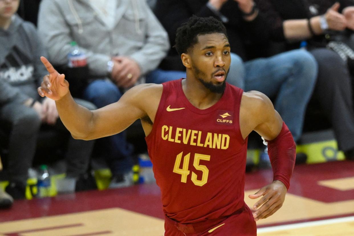 Cavaliers guard Donovan Mitchell reacts in the fourth quarter against the Indiana Pacers, April 12, 2024, in Cleveland