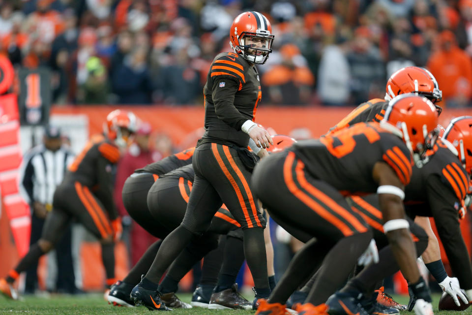 Browns quarterback Baker Mayfield was fined more than $10,000 for a sideline celebration after scoring a touchdown against the Bengals. (Kirk Irwin/Getty Images)