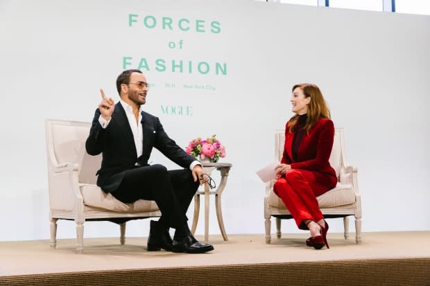 Tom Ford and Julianne Moore speaking on Vogue's Forces of Fashion panel. Photo: Corey Tenold for Vogue Magazine