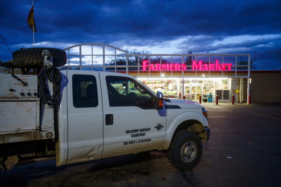 A Hilcorp Energy truck is parked in front of the Farmers Market in Bloomfield. Farmers Market packs full of gas field workers every morning as they grab food for the backroads, and serves as a good barometer for the health of the gas industry in the San Juan Basin.