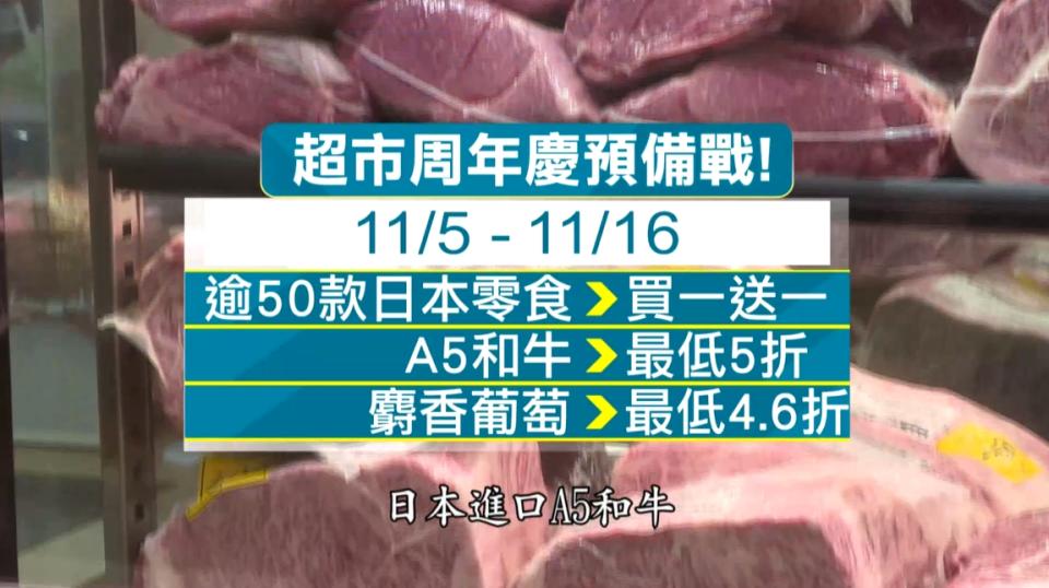 超市周年慶推出超過50款進口零食買一送一，日本A5和牛最低還殺到5折，讓消費者相當心動。（圖／東森新聞）