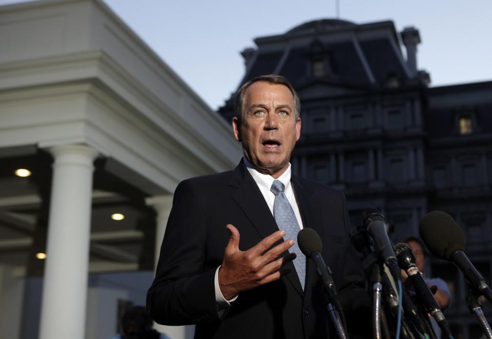 U.S. House Speaker John Boehner (R-OH) speaks to the media following his meeting with U.S. President Barack Obama, outside the West Wing of the White House in Washington, October 2, 2013. Obama rejected Republican entreaties to negotiate over his healthcare law on Wednesday as a condition for their agreement to approve legislation that would end a government shutdown, Democratic leaders said. REUTERS/Yuri Gripas (UNITED STATES - Tags: POLITICS BUSINESS)