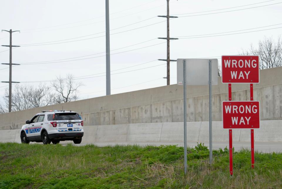 April 2, 2024; Columbus, Ohio, USA; 
The City of Columbus Department of Public Utilities installs flood walls where I-71 South runs over Greenlawn Avenue near Harmon Avenue.