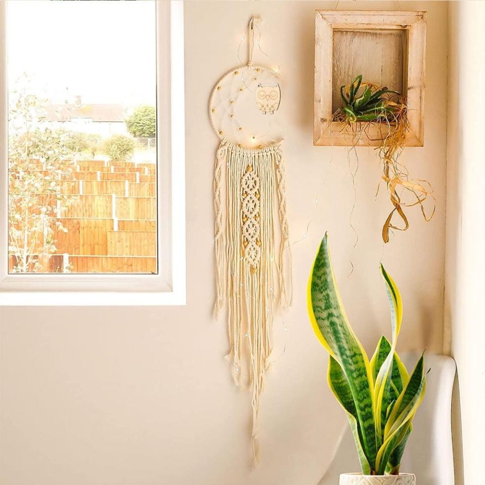 Dreamcatcher and plant in a rustic wall frame beside a window for a cozy home decor vibe