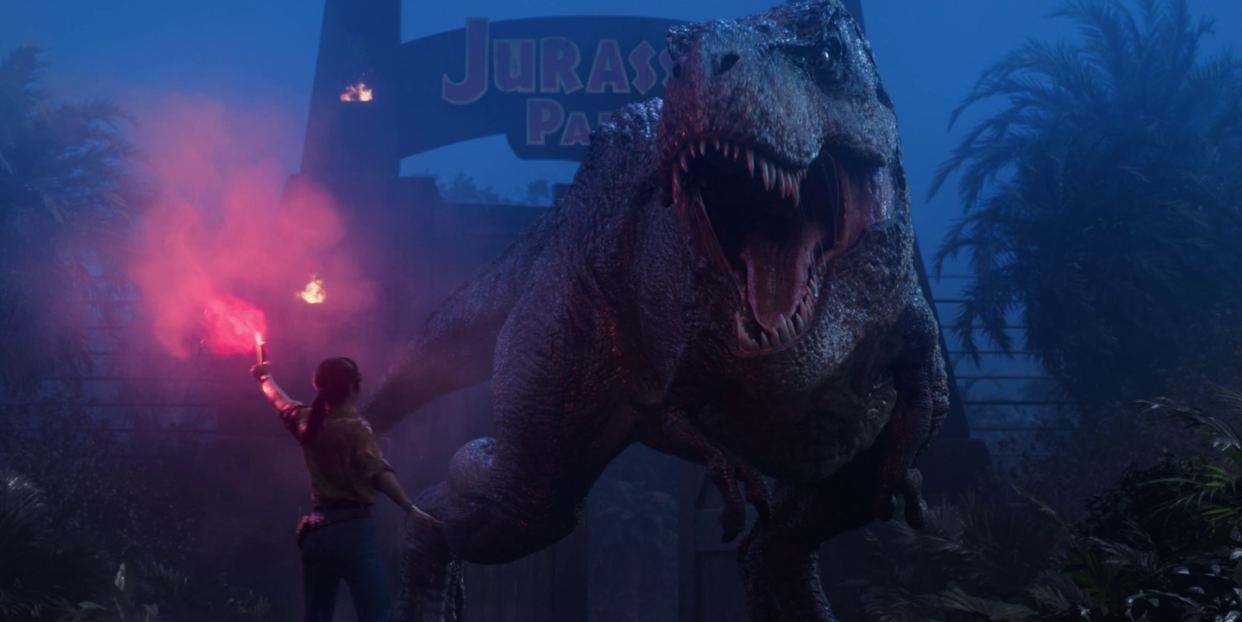 jurassic park survival maya is confronted by a t rex