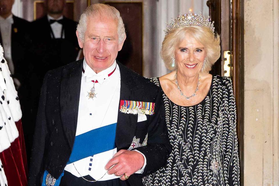 <p>Samir Hussein/WireImage</p> King Charles and Queen Camilla at Mansion House in London on October 18, 2023.