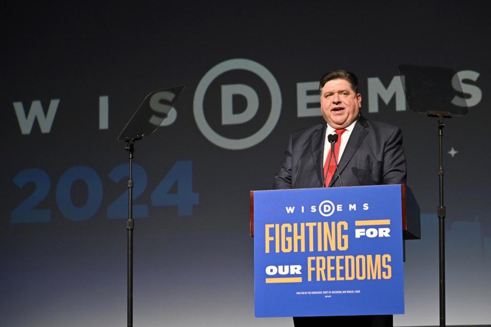 PHOTO: Governor of Illinois JB Pritzker speaks during the WisDems 2024 State Conventionm June 8, 2024, in Milwaukee. (Daniel Boczarski/Getty Images )