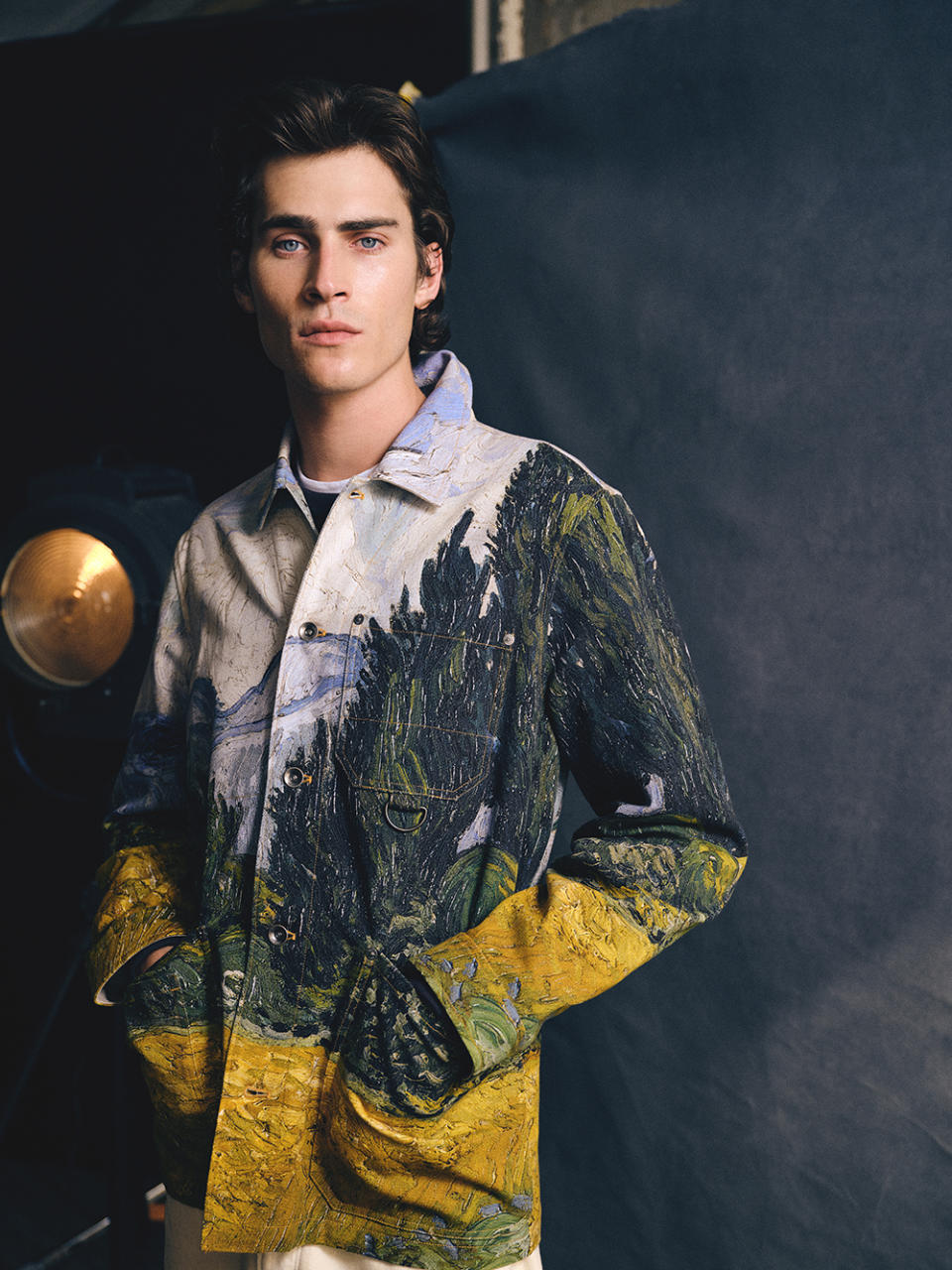 Todd Snyder x The Met Van Gogh Cypress Chore Coat, as seen on model 