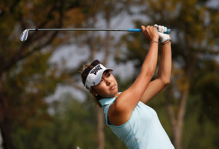 Golf - LPGA KEB Hana Bank Championship - Third Round - Incheon, South Korea - 15/10/16. Alison Lee of U.S. tees off on the third hole. REUTERS/Kim Hong-Ji