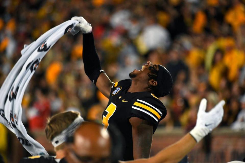 Missouri Tigers wide receiver Luther Burden III celebrates a big moment during last Saturday night’s game against the Georgia Bulldogs in Columbia.