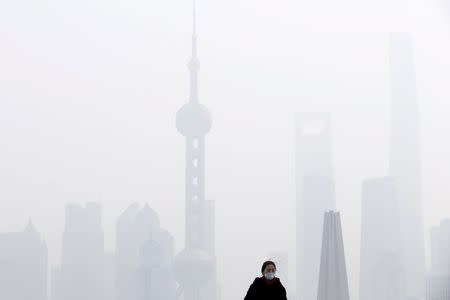 A woman wearing a face mask stands on a bridge in front of the financial district of Pudong amid heavy smog in Shanghai, China, December 15, 2015. REUTERS/Aly Song