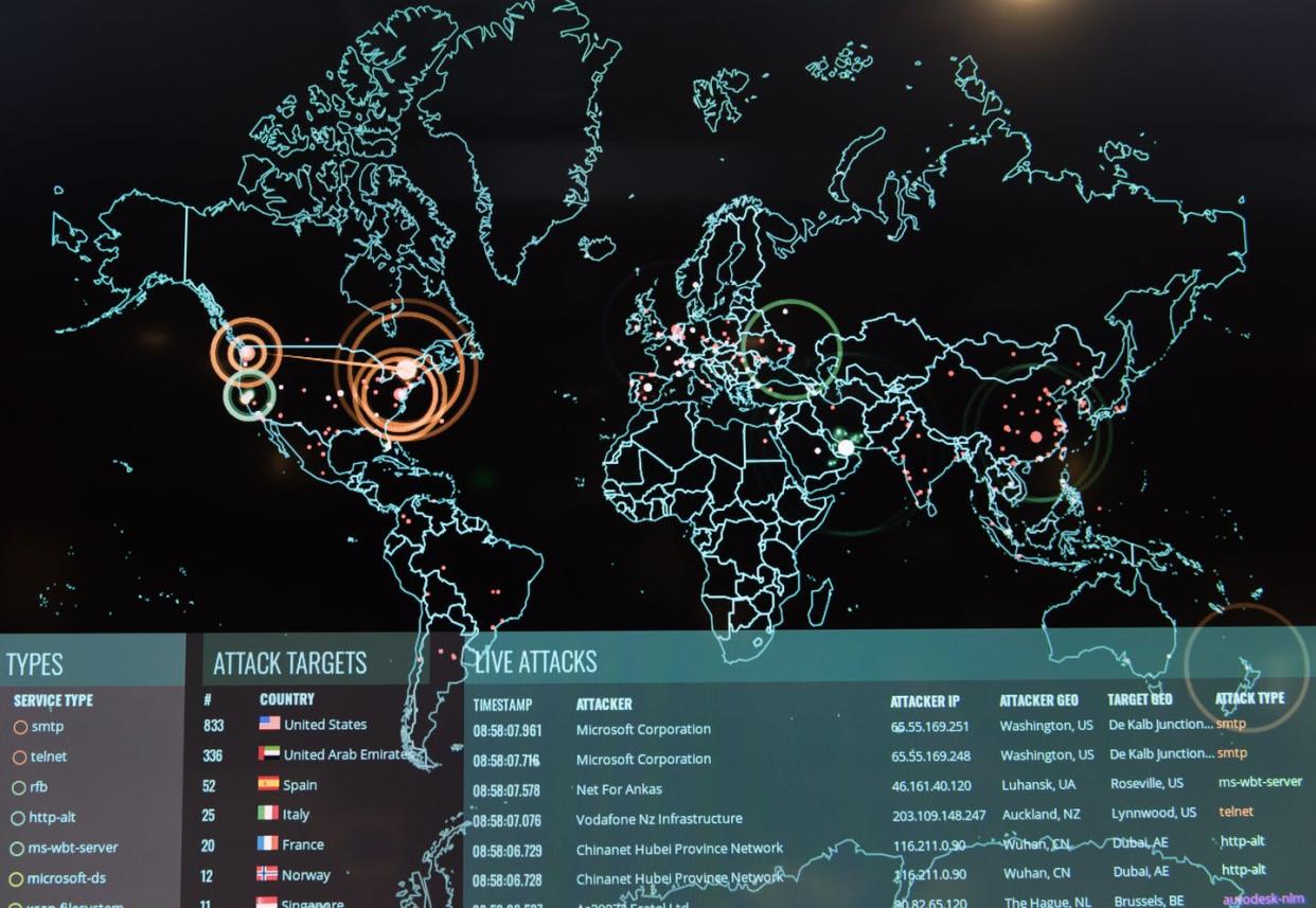 <span class="caption">Real-time cyberattacks on a display at the 175th Cyberspace Operations Group of the Maryland Air National Guard.</span> <span class="attribution"><a class="link " href="https://flickr.com/photos/airmanmagazine/40080902694/" rel="nofollow noopener" target="_blank" data-ylk="slk:U.S. Air Force photo by J.M. Eddins Jr.;elm:context_link;itc:0;sec:content-canvas">U.S. Air Force photo by J.M. Eddins Jr.</a>, <a class="link " href="http://creativecommons.org/licenses/by-nc/4.0/" rel="nofollow noopener" target="_blank" data-ylk="slk:CC BY-NC;elm:context_link;itc:0;sec:content-canvas">CC BY-NC</a></span>