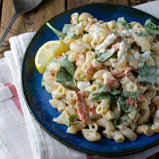 Smoked Salmon Macaroni Salad with Spinach, Lemon and Goat Cheese