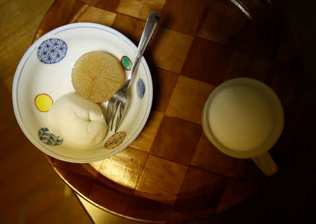 Yasuhiro Sato's breakfast sits on a tray at his home in Tokyo, Japan, July 19, 2017. Sato has terminal lung cancer. REUTERS/Kim Kyung-Hoon