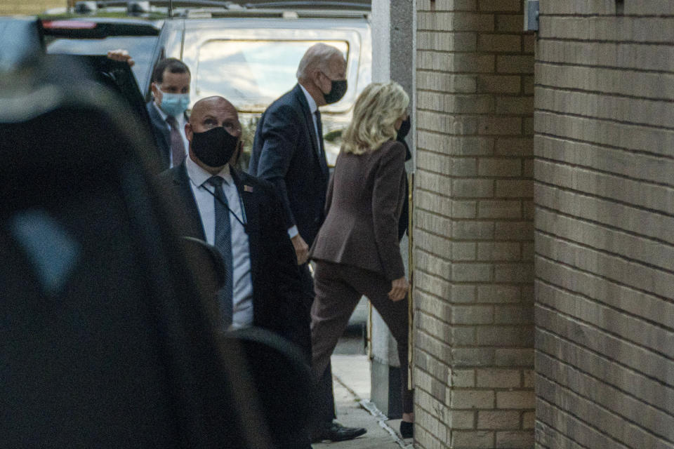 President Joe Biden accompanies first lady Jill Biden to an appointment for a "common medical procedure" at an outpatient center in Washington, Wednesday, April 14, 2021. The Bidens were scheduled to go to an outpatient center in downtown Washington, which the White House did not identify. (AP Photo/Andrew Harnik)