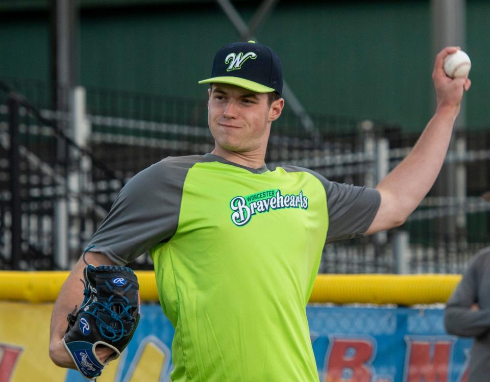 Jack Choate, shown pitching for the Worcester Bravehearts in 2021, is the sixth player in Assumption baseball history to be drafted.