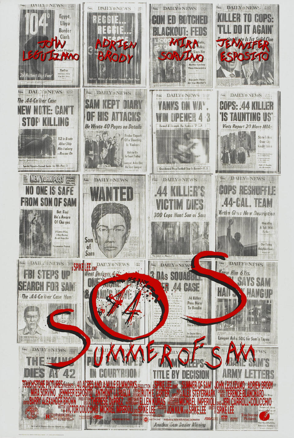 Poster image for the movie "Summer of Sam" showing several newspaper covers clustered together with headlines reporting on the Son of Sam killer; the title "Summer of Sam" is written in large red letters