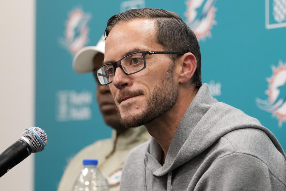 Miami Dolphins head coach Mike McDaniel listens to a question during a news conference at the NFL football team's training facility, Monday, Jan. 16, 2023, in Miami Gardens, Fla. (AP Photo/Lynne Sladky)