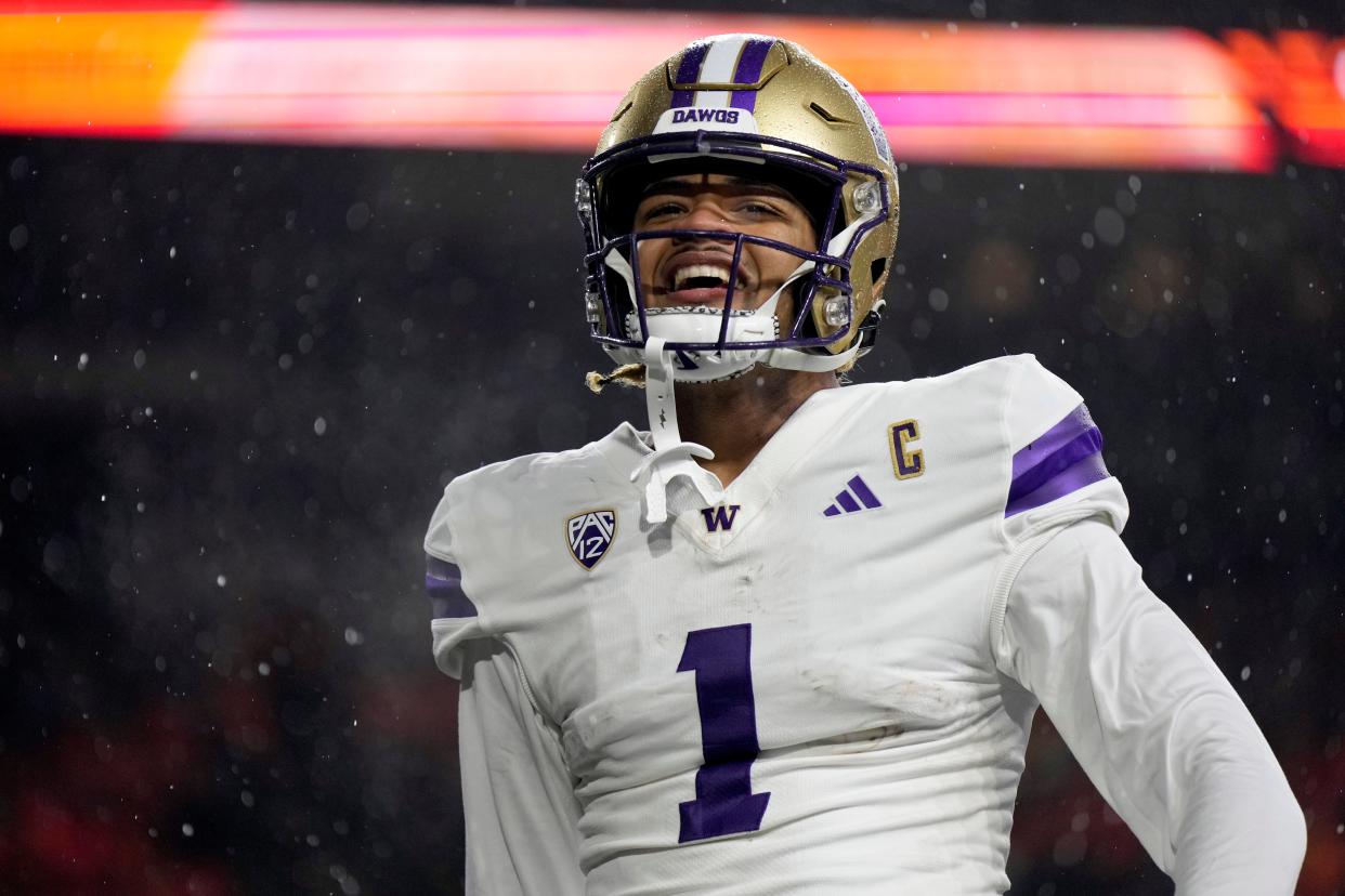 Washington Huskies wide receiver Rome Odunze (1) celebrates after scoring a touchdown during the first half against the Oregon State Beavers at Reser Stadium on Nov. 18 in Corvallis.