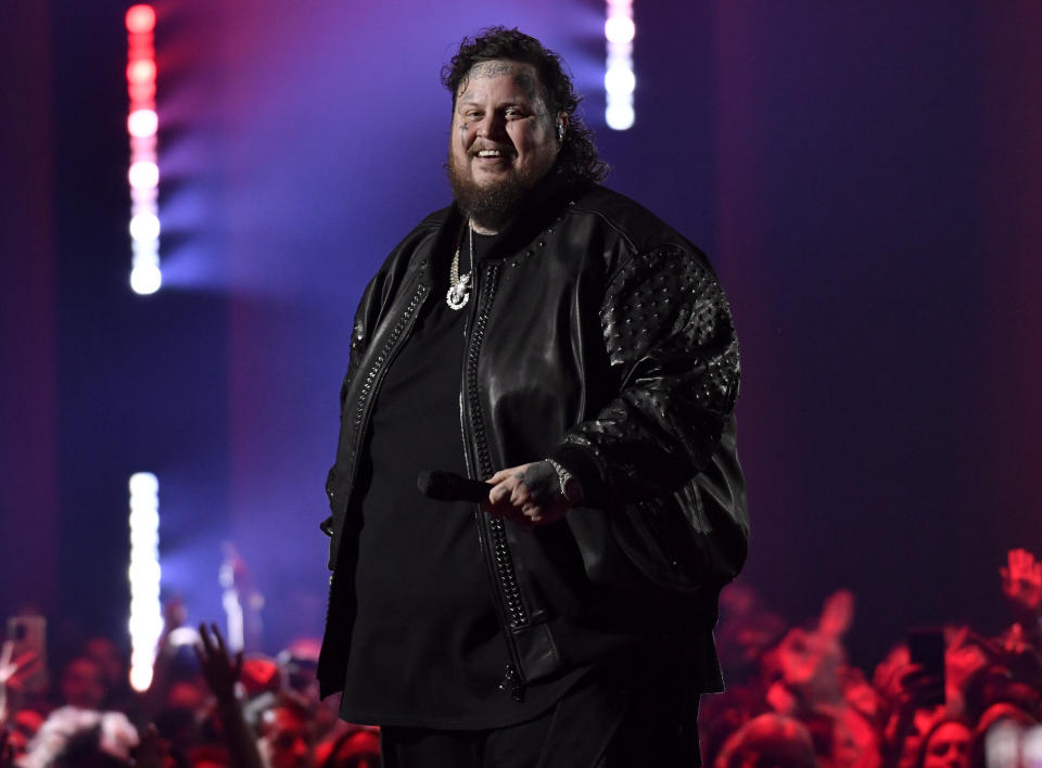 Jelly Roll performs "Need A Favor" at the CMT Music Awards on Sunday, April 2, 2023, at the Moody Center in Austin, Texas. (Photo by Evan Agostini/Invision/AP)