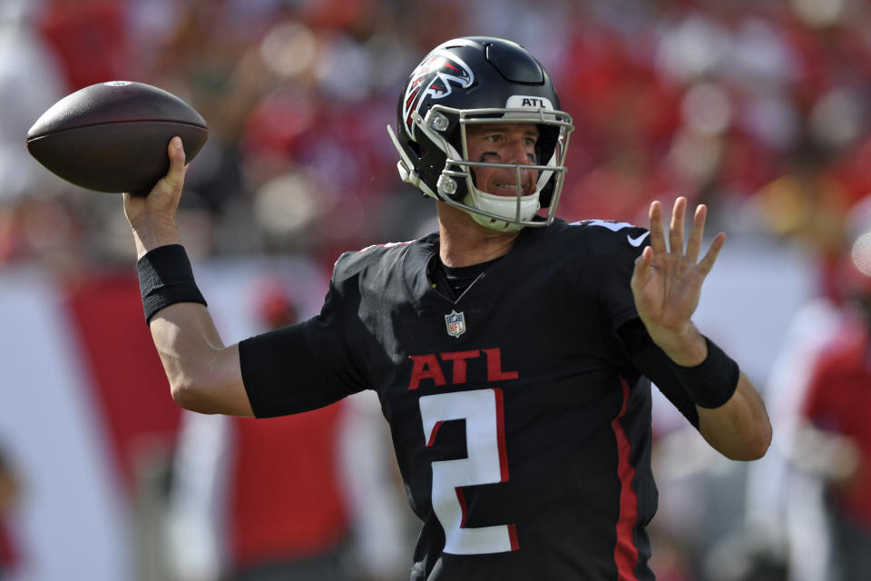 Atlanta Falcons quarterback Matt Ryan (2) throws a pass against the Tampa Bay Buccaneers during the first half of an NFL football game Sunday, Sept. 19, 2021, in Tampa, Fla. (AP Photo/Jason Behnken)