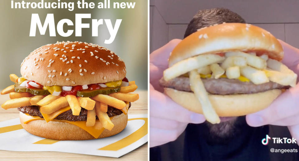 A photo of the McDonald's McFry burger, which was an April Fool's Day prank. A photo of a Melbourne food blogger eating the McFry, in partnership with the fast-food chain.