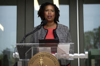 FILE - District of Columbia Mayor Muriel Bowser speaks during a ribbon-cutting ceremony for a new addition at Raymond Elementary School on the first day of school, Monday, Aug. 28, 2023 in Washington. Virginia Gov. Glenn Youngkin says he has reached a tentative agreement, Wednesday, Dec. 13, with the parent company of the NBA’s Washington Wizards and NHL’s Washington Capitals to move those teams out of D.C. to northern Virginia. (AP Photo/Mark Schiefelbein, File)