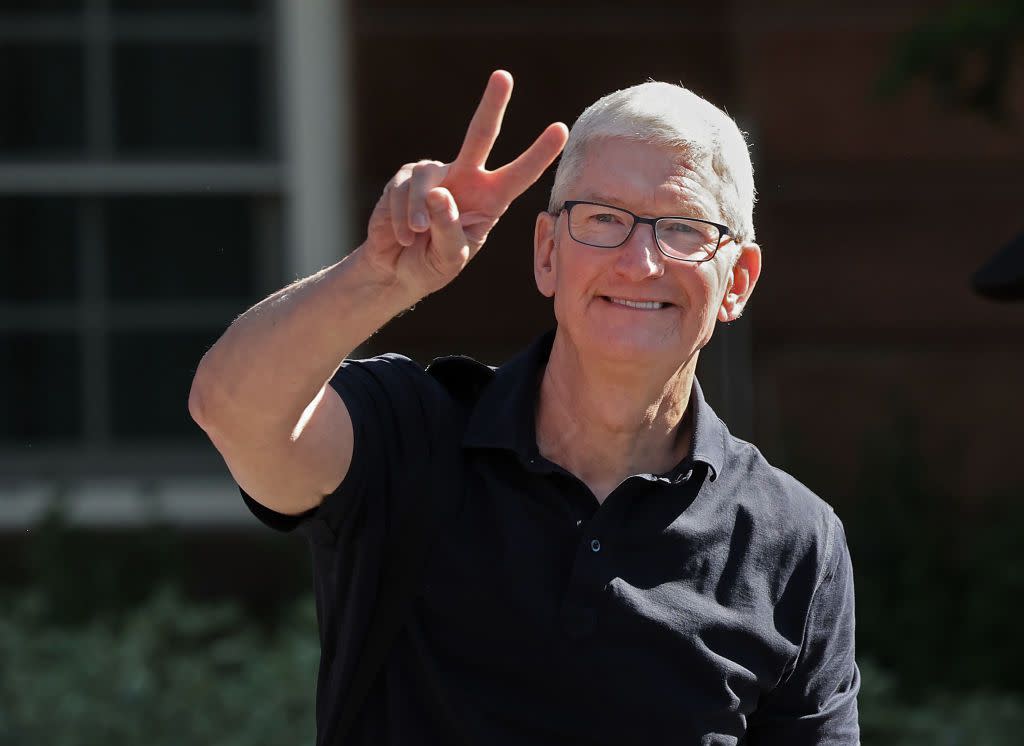 CEO of Apple Tim Cook arrives at the Sun Valley Lodge for the Allen & Company Sun Valley Conference on July 11, 2023 in Sun Valley, Idaho.