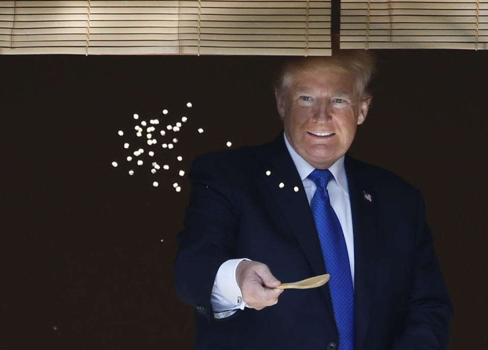 <p>President Donald Trump feeds carp with Japan’s Prime Minister Shinzo Abe before their working lunch at Akasaka Palace in Tokyo, Japan, Monday, Nov. 6, 2017. (Photo: Toru Hanai/Pool Photo via AP) </p>