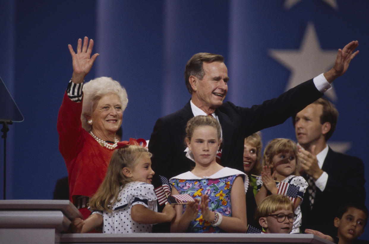 George H.W. Bush and Barbara Bush pose with family as he accepts the Republican nomination for reelection in August 1992. (Photo: Ralf-Finn Hestoft/Corbis via Getty Images)