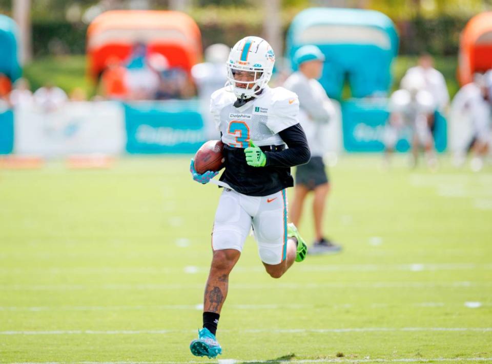 Miami Dolphins wide receiver Lynn Bowden Jr. (3) runs with the football during NFL football training camp at Baptist Health Training Complex in Hard Rock Stadium on Tuesday, August 2, 2022 in Miami Gardens, Florida.