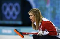 Canada's skip Jennifer Jones competes in their women's gold medal curling game against Sweden at the Ice Cube Curling Centre during the Sochi 2014 Winter Olympics February 20, 2014. REUTERS/Marko Djurica (RUSSIA - Tags: SPORT OLYMPICS SPORT CURLING)