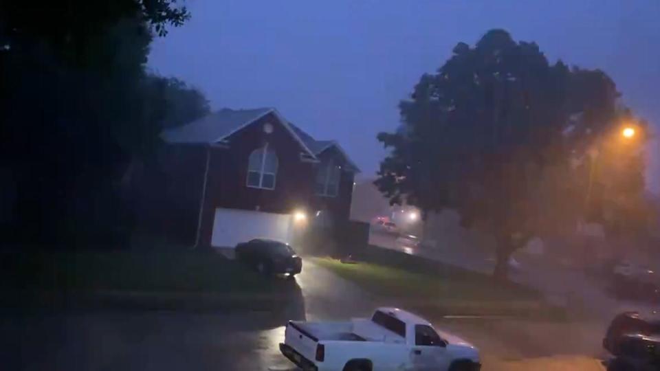 Heavy rain drench a residential neighborhood in Fort Bend, Texas. Parts of the South were hit with severe weather including threats of high winds, flooding and tornadoes, with more bad weather expected.