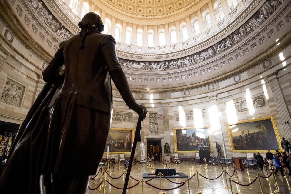 <p>Crews prepare for the late Rev. Billy Graham to be honored Wednesday in the Rotunda of the Capitol Building, Tuesday, Feb. 27, 2018 in Washington. (Photo: Andrew Harnik/AP) </p>