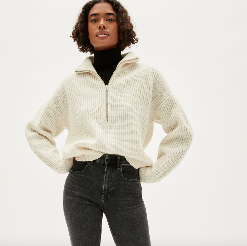 Everlane's The Felted Merino Half-Zip Sweater in Bone (Photo via Everlane)