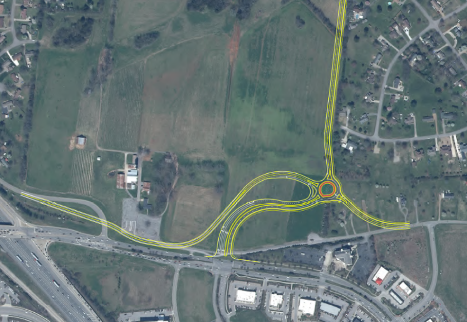 This map shows Murfreesboro city plans to reroute the traffic at the Asbury Lane and Medical Center Parkway intersection near the Interstate 24 interchange. The Asbury Lane traffic would instead move along a proposed roadway between the parkway and Williamson Family Farm to a proposed roundabout on the east side of the farm. The roundabout would connect south to the parkway's traffic signal intersection with Conference Center Boulevard; east to Wilkinson Pike; and north to a road proposed on the eastside of the farm.