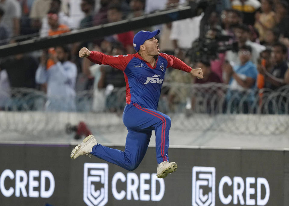 Delhi Capitals' David Warner celebrate his team win against Sunrisers Hyderabad during the Indian Premier League (IPL) cricket match in Hyderabad, India, Monday, April 24, 2023. (AP Photo/Mahesh Kumar A.)