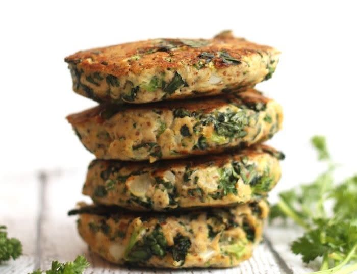 <strong>Get the <a href="https://www.hummusapien.com/kale-and-broccoli-salmon-burgers/" target="_blank">Kale and Broccoli Salmon Burgers</a> recipe from Hummasapien</strong>