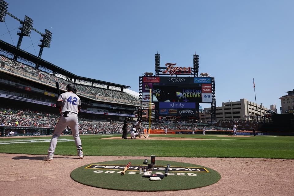 Giants left fielder Blake Sabol waits to bat in the fifth inning against the Tigers on Saturday, April 15, 2023, at Comerica Park.