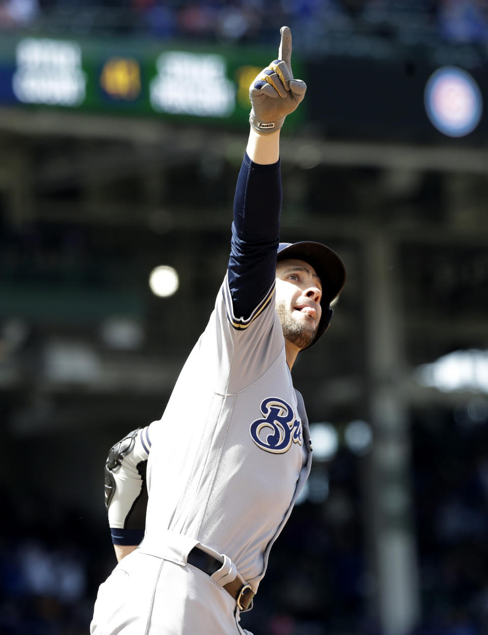 FILE - In this May 10, 2019, file photo, Milwaukee Brewers' Ryan Braun celebrates as he rounds the bases after hitting a solo home run against the Chicago Cubs during the fourth inning of a baseball game in Chicago. Braun, the Brewers' home run leader whose production was slowed by injuries during the second half of his 14-year career, announced his retirement on Tuesday, Sept. 14, 2021. Braun hasn’t played all season and said during spring training that he was leaning toward retirement. (AP Photo/Nam Y. Huh, File)