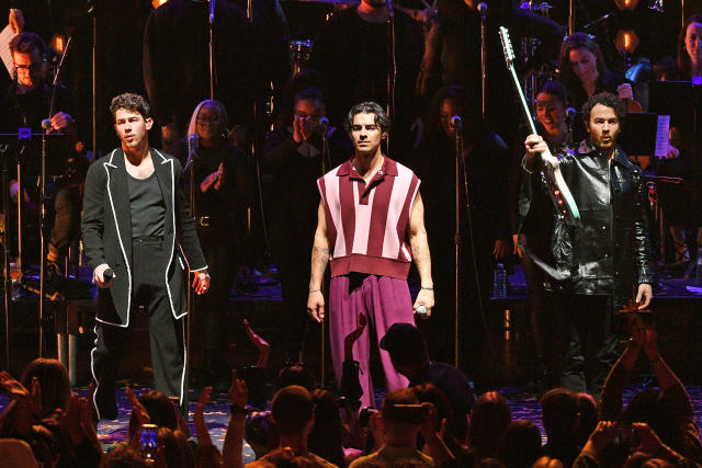 LONDON, ENGLAND - APRIL 14: (L-R) Nick Jonas, Joe Jonas and Kevin Jonas of Jonas Brothers perform an exclusive one-night-only show at Royal Albert Hall on April 14, 2023 in London, England. (Photo by Jim Dyson/Getty Images)