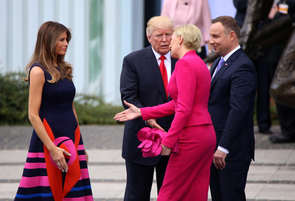 President Trump’s failed attempt to shake the hand of Polish first lady Agata Kornhauser-Duda went viral in 2017 when she reached out to greet Melania Trump instead. (Photo: Getty Images)