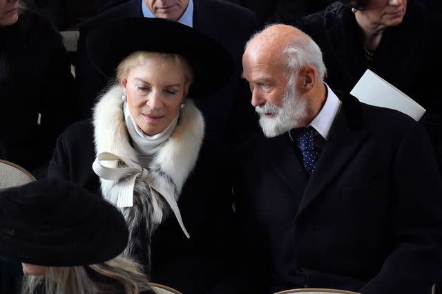 <p>Jonathan Brady - WPA Pool/Getty</p> Princess Michael of Kent and Prince Michael of Kent attend the Thanksgiving Service for King Constantine of Greece at St George's Chapel on February 27.