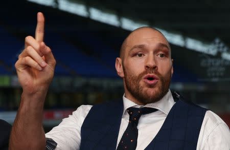 Boxing - Tyson Fury - WBA, IBF, WBO & IBO Heavyweight Champion Homecoming Press Conference - The Whites Hotel, Macron Stadium, Bolton - 30/11/15 Tyson Fury during the press conference Action Images via Reuters / Alex Morton